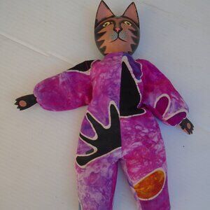 Mexican Folk Bean Filled Wooden Cat Doll In Box